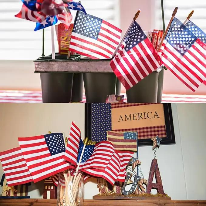 100pcs Small American Flags on Stick, Handheld 8 x 5.5 Inchs Mini American Flags with Kid-Safe Golden Spear Top, US Flags for 4th of July Decorations Outdoor, Independence Day Decorations by GreenHaven Gardens