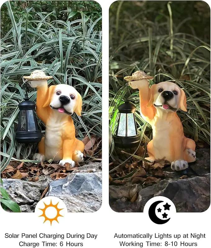 Garden Dog Statues - Adorable Resin Dog Figurines with Straw Hat and Solar LED Lantern, Puppy Decorations Outdoor Solar Light for Yard Patio Lawn Porch, Ornament Gift by GreenHaven Gardens