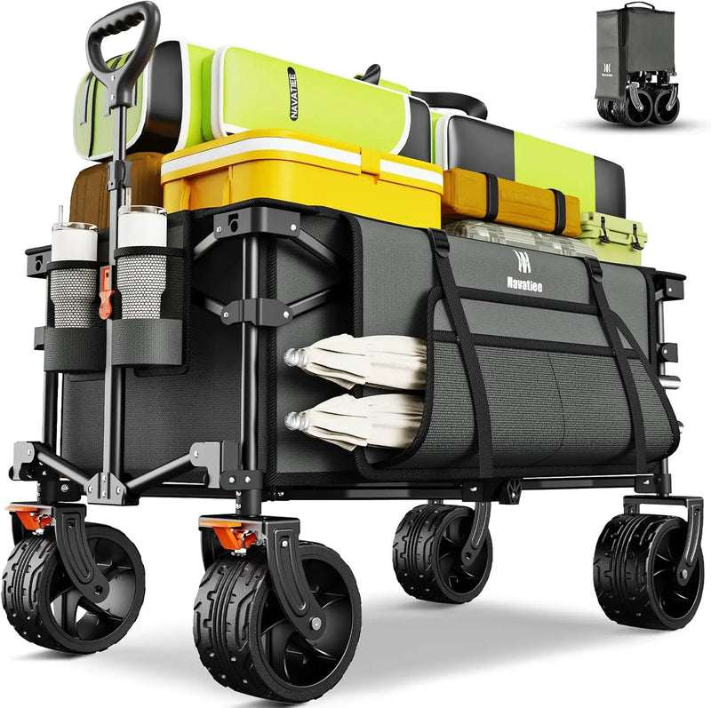 Navatiee Big Wheels Collapsible Wagon Cart Foldable, Heavy Duty Beach Wagon with Silent All-Terrain Wheels, Folding Utility Grocery Cart with Side Pocket and Brakes for Camping Garden Sports, Gray by GreenHaven Gardens