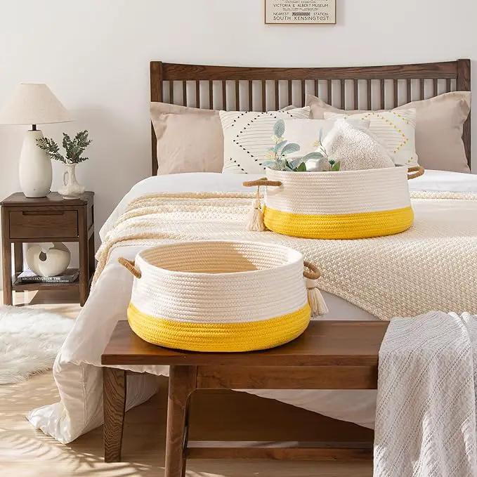 KAKAMAY Woven Baskets for Storage(16"x8"),Blanket Basket for Organizing Living Room,Cotton Rope Basket Woven Baby Laundry Hamper,Collapsible Laundry Room Organization,Clothes,Toy Chest(Yellow) by GreenHaven Gardens