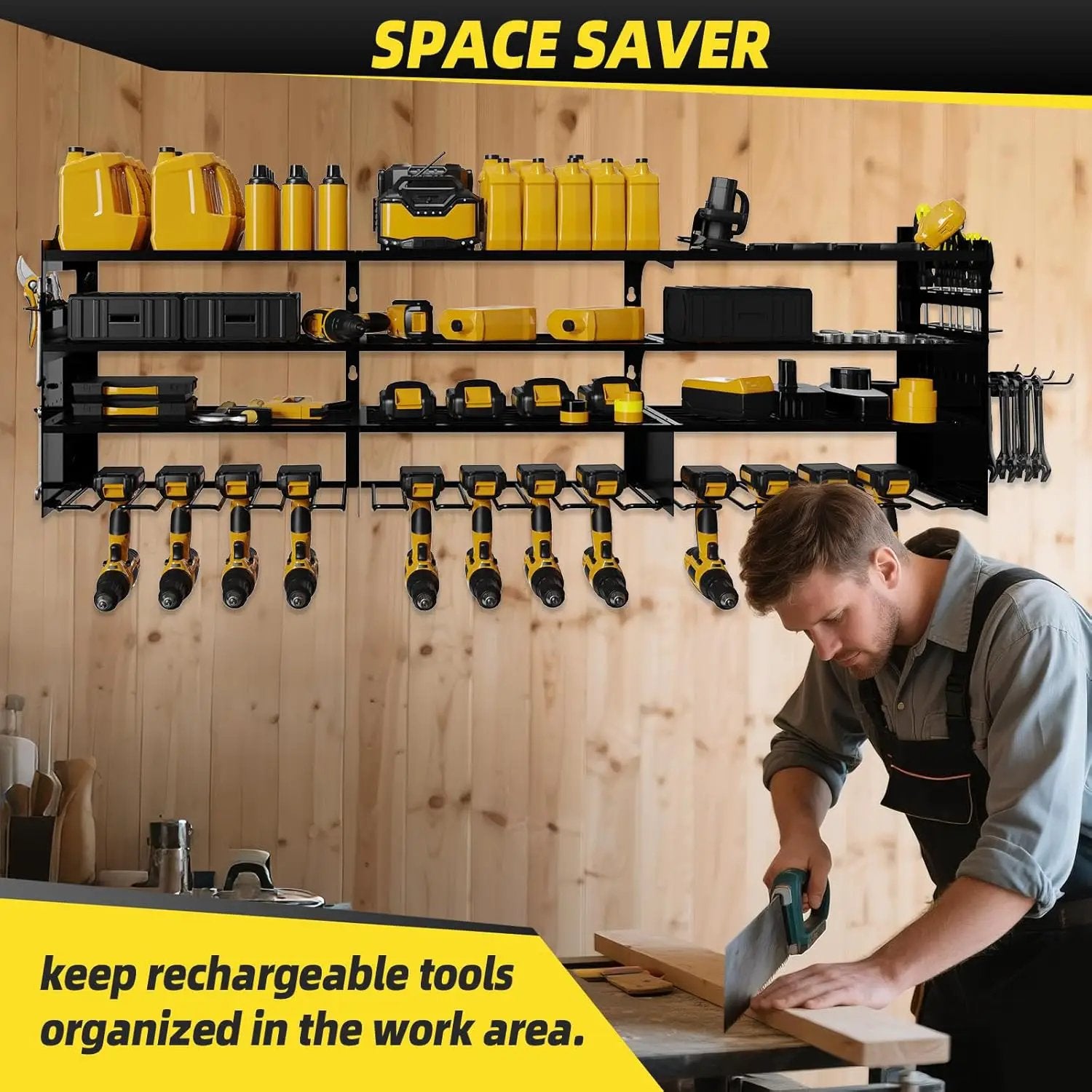 Power Tool Organizer Wall Mount with 12-Drill Holders-800Lbs Load Heavy Duty Metal 4-Layers Garage Storage and Organization Adjustable Battery Tools Rack with Side Panels Utility Racks Gifts for Men by GreenHaven Gardens