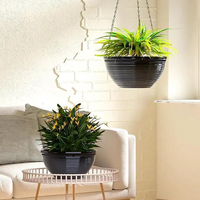 2 Pack Hanging Planters for Indoor Outdoor Plants, 10 Inch Hanging Planter with Drainage Hole & Plug Glazed Hanging Baskets Flower Pots for Garden Home (Black) by GreenHaven Gardens