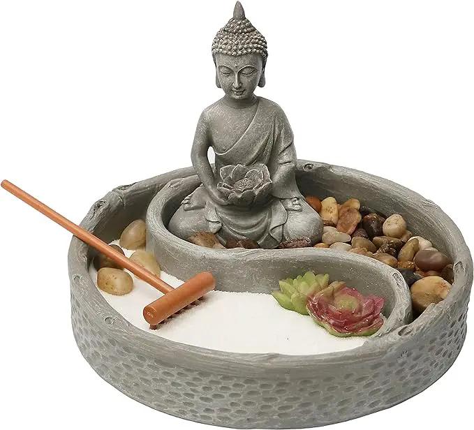 Nature's Mark Mini Zen Garden Kit for Desk with Lotus, Buddha Figures, Rake and Natural Sand River Rocks Table/Desk Décor Gift Set for Home and Office 6 x 6 Inches Round Base by GreenHaven Gardens
