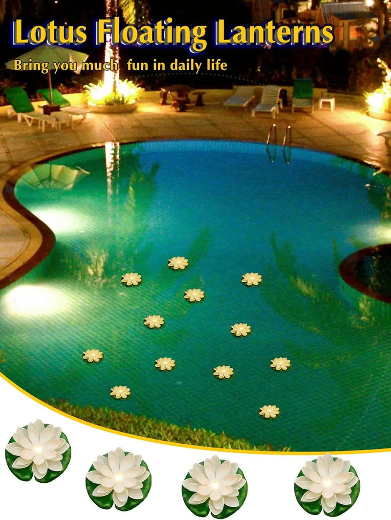 Hortsun 12 Pcs Floating Lotus Lights with Batteries Lily Pads Pool Flowers Diwali Pooja Decorations Floating Candles Decor for Pool Pond Outdoor Indoor(3.94 Inch,White) by GreenHaven Gardens