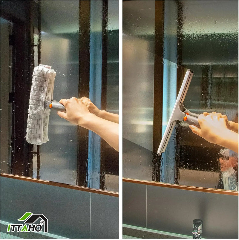 ITTAHO Squeegee for Window Cleaning,12" Squeegee and 11" Microfiber Scrubber Combi with Stainless Steel Pole,Extendable Window Cleaner for Car,Sliding Door,Shower Glass Door-Swivel Style-2 Pads by GreenHaven Gardens