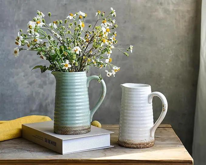 Quoowiit Ceramic Rustic Vase with Handle, Green Distressed Decorative Farmhouse Pitcher Vase for Home Decor Living Room Bedroom Kitchen Office Shelf Decor Centerpiece Table Decoration by GreenHaven Gardens