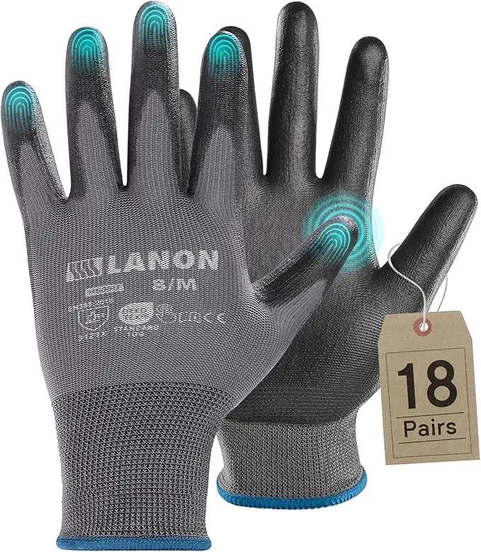 LANON 18 Pairs Safety Work Gloves, Mechanic Working Gloves for Men,Breathable PU Coated, Seamless Knit,Double Wash, Grey, Medium by GreenHaven Gardens