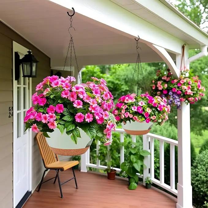 2 Pack 12 Inch Large Hanging Planters with Chains Self Watering Green Brown Plastic Hanging Pots for Indoor Outdoor Plants, Garden Porch Home Decor，Green Brown by GreenHaven Gardens