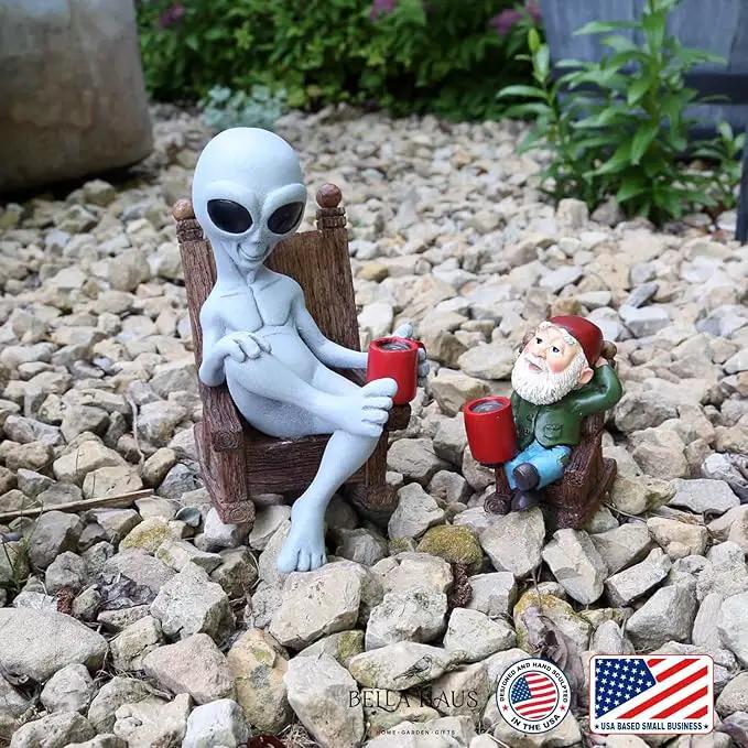 Andre' & Fritz | Celebrating Friendship with a Morning Cup of Coffee | Whimsical Extraterrestrial Outdoor Decor | Garden Statue 2pc Resin Set 6.25”/ 3.50” Tall (Coffee with Friends) by GreenHaven Gardens