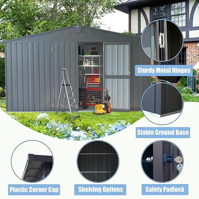 Domi Backyard Storage Shed 11’ x 12.5’ with Galvanized Steel Frame & Windows, Outdoor Garden Shed Metal Utility Tool Storage Room with Lockable Door for Patio(Dark Gray) by GreenHaven Gardens