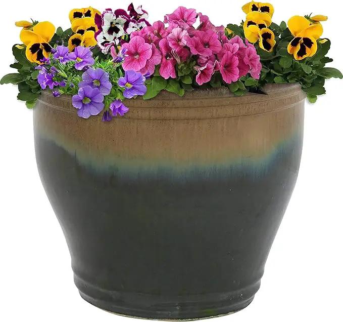 Sunnydaze Studio Large Ceramic Plant Pot - Round Outdoor Glazed Ceramic Planter Pot with Drainage - Forest Lake Green - 14.5" by GreenHaven Gardens