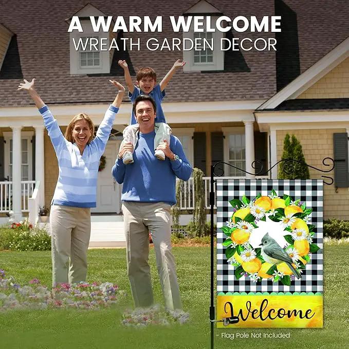 Welcome Garden Flag - 12.5 x 18 Inch Double-Sided Spring Garden Flag - Printed Wreath in Plaid Background Seasonal Outdoor Banner for House Front Yard, Porch, Patio - Suits Standard Poles by GreenHaven Gardens