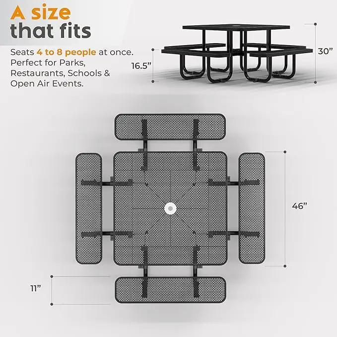 Metal Picnic Tables for Outdoors with Umbrella Hole - Coated Steel Heavy Duty Commercial Grade Table with Adjustable Seats (Black, 46 in, Square, Punched Steel) by GreenHaven Gardens