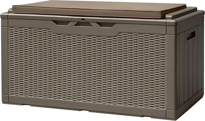 Devoko 100 Gallon Deck Box, Waterproof Resin Outdoor Storage Box with Cushion for Outside, Large Outdoor Storage Bench Cabinet Lockable for Patio Furniture and Garden Tools (Brown) by GreenHaven Gardens