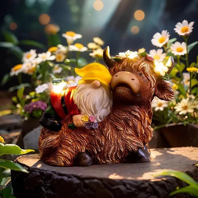 Garden Gnome Statue - Highland Cow with Solar Flower LED Lights and Bird - Funny Outdoor Decor for Table, Patio, Lawn - Unique Birthday Gifts for Mom, Women, and Christmas Decorations by GreenHaven Gardens