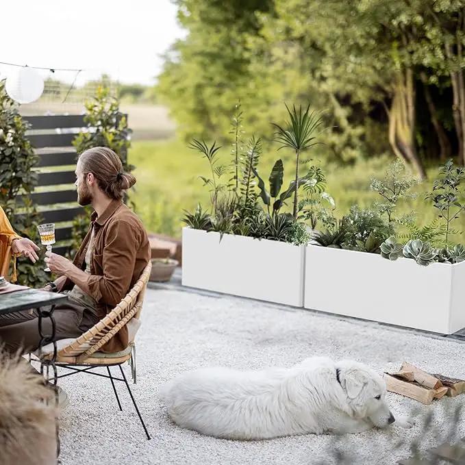 Outdoor Metal Planter Box - Heavy-Duty Rectangular Trough, All-Weather Rust-Resistant Design with 6 Drainage Holes | Large 36x15x15 Inch for Patio, Porch & Garden, White by GreenHaven Gardens