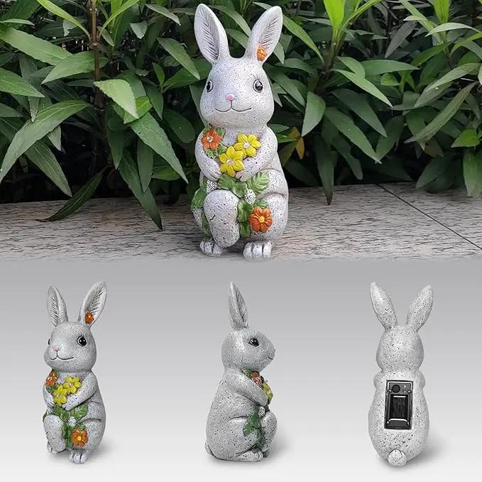 Solar Easter Rabbit Statue - Rock-Like Design with Flower Lamp Beads Woman Gifts Resin Easter Bunny Sculpture for Indoor and Outdoor Statue Decor, Garden Decoration by GreenHaven Gardens