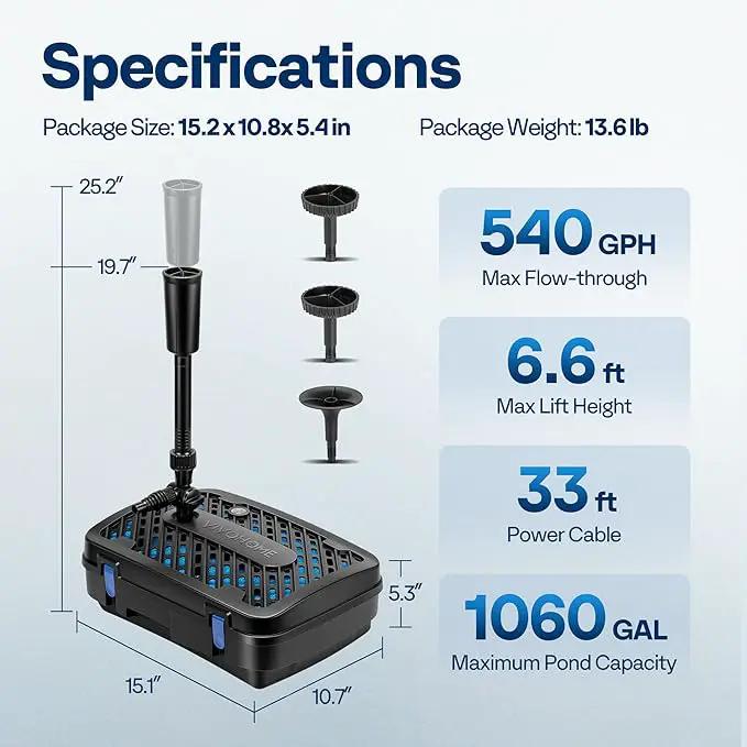 VIVOHOME All-in-One Pond Filter Fountain System Kits, 540 GPH Submersible Water Pump for Ponds up to 1060 Gallons by GreenHaven Gardens