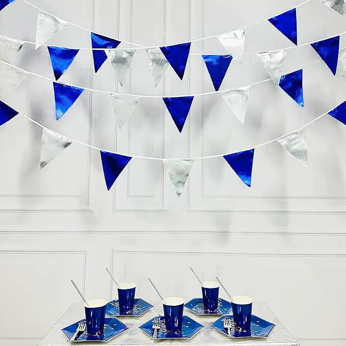 Royal Blue Silver Party Decorations Navy Blue Triangle Pennant Banner Flag Metallic Fabric Bunting Garland for Birthday Graduation Wedding Retirement Nautical Ahoy Achor Pirate Theme Party Supplies by GreenHaven Gardens