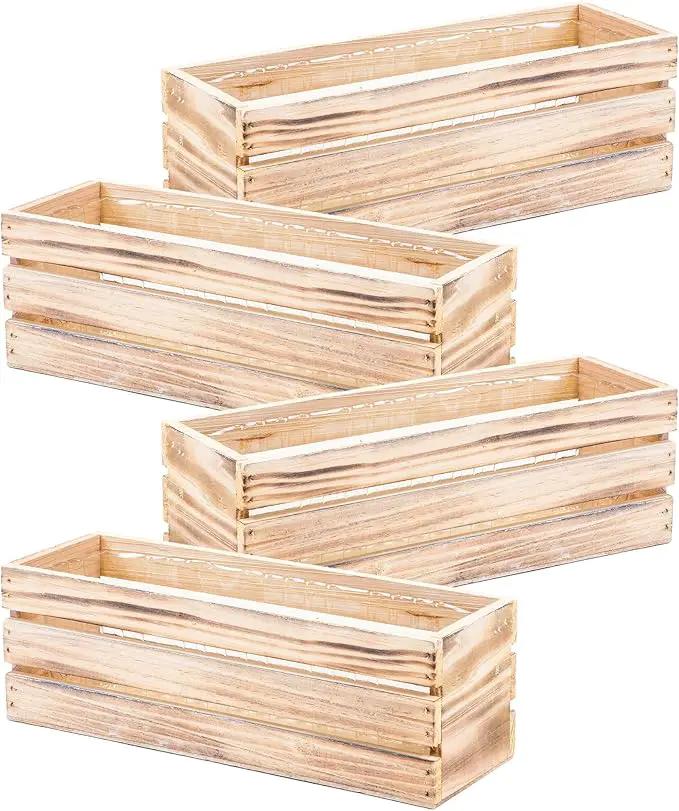 Wood Planter Box with Wine Crate Styled, 12x4 Inch Rectangular, Whitewash, Plastic Liner, Garden Centerpiece Display, Wedding Flowers Holder, Home and Venue Decor (12x4 Wine Crate Set of 4, Whitewash) by GreenHaven Gardens