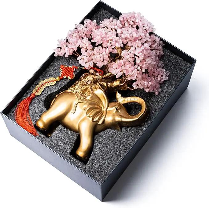 Rose Quartz Crystal Money Tree on Gold Elephant Statue, 17”Large Gemstone Bonsai Tree of Life Home Décor Gifts for Wealth Positive Energy, Feng Shui Décor by GreenHaven Gardens