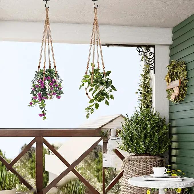 Jute Macrame Plant Hanger Indoor Set of 2 Hanging Planter Basket Flower Pot Holder with Decorative Wood Beads & No Tassels for Indoor Outdoor Boho Home Decor, 35 Inch Brown (Pots Not Included) by GreenHaven Gardens