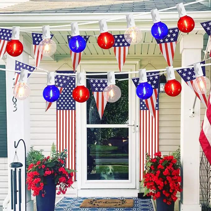 27.8Ft G40 Red White and Blue Lights String with 28 Shatterproof LED Globe Bulbs, for Memorial Day 4th of July Decorations Outdoor & Patriotic Decorations Lights for Home Party Patio Gazebo, 0.6W by GreenHaven Gardens