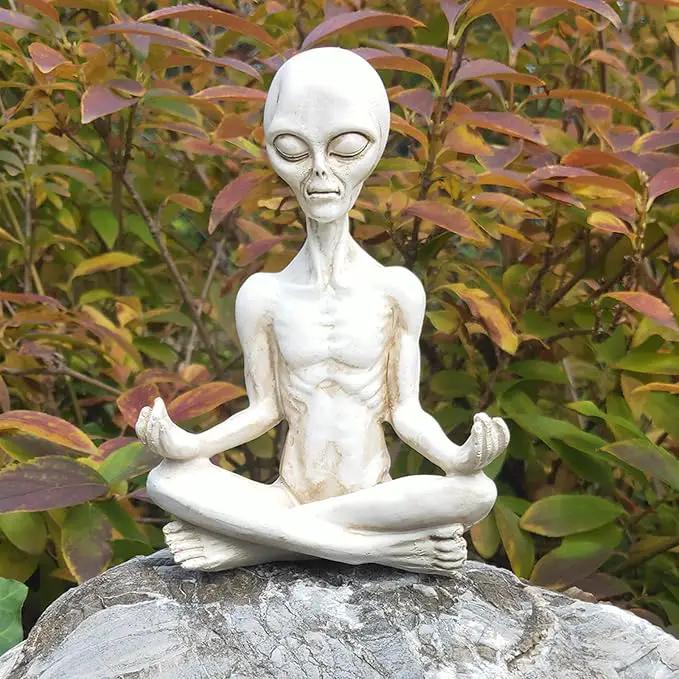 White Alien Statue, Resin Yoga Pose Alien Figure, 6.3" H Creative Yoga Alien Statue of The Thinker for Home Offcie Garden Decor Supplies by GreenHaven Gardens