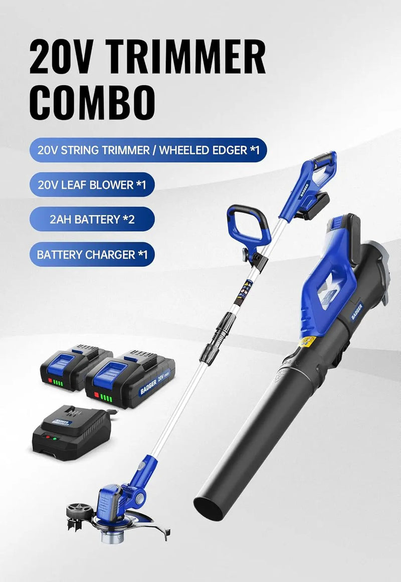 WILD BADGER POWER 20V Weed Wacker, Leaf Blower, Wheeled Edger Kit Electric with 2 * 2Ah Battery & Charger, String Trimmer, Lightweight, Adjustable Telescopic Shaft, Fast-Charging by GreenHaven Gardens