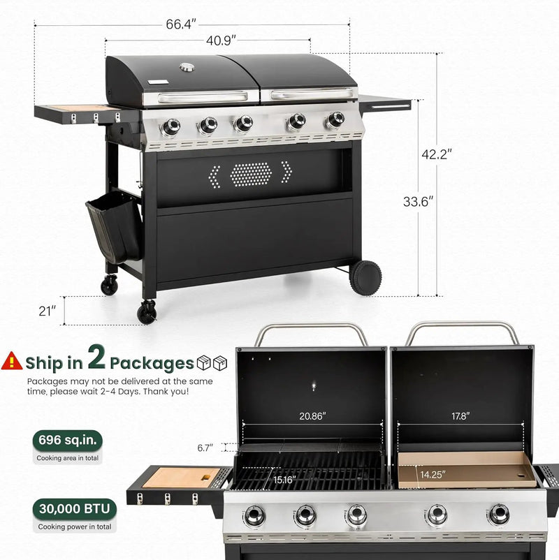 5 Burner Griddle Grill Combo, 2 in 1 Propane Gas BBQ Grill with Porcelain-Enameled Cast Iron Grates & Pan, Outdoor Flat Top Griddle, 695 Sq. In. Propane Barbecue Grill for Patio Backyard Balcony by GreenHaven Gardens