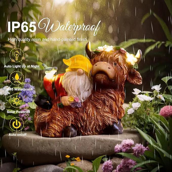 Garden Gnome Statue - Highland Cow with Solar Flower LED Lights and Bird - Funny Outdoor Decor for Table, Patio, Lawn - Unique Birthday Gifts for Mom, Women, and Christmas Decorations by GreenHaven Gardens