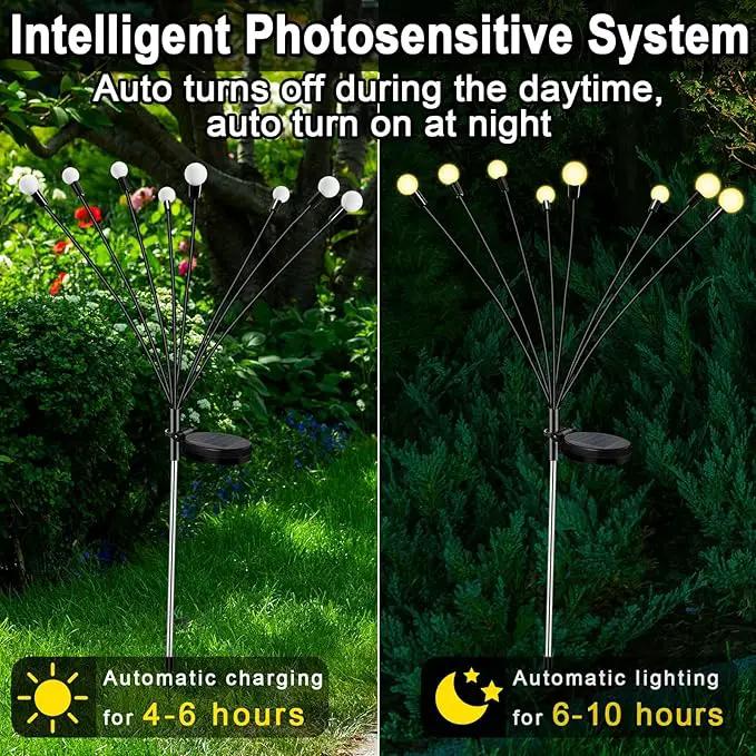 8Pack 64 LED Spring Solar Swaying Lights Outdoor Solar Powered Firefly Lights Garden Decor Waterproof Pathway Light Sway by Wind Landscape Lights Warm Yellow for Pathway Lawn Patio Courtyard Decor by GreenHaven Gardens