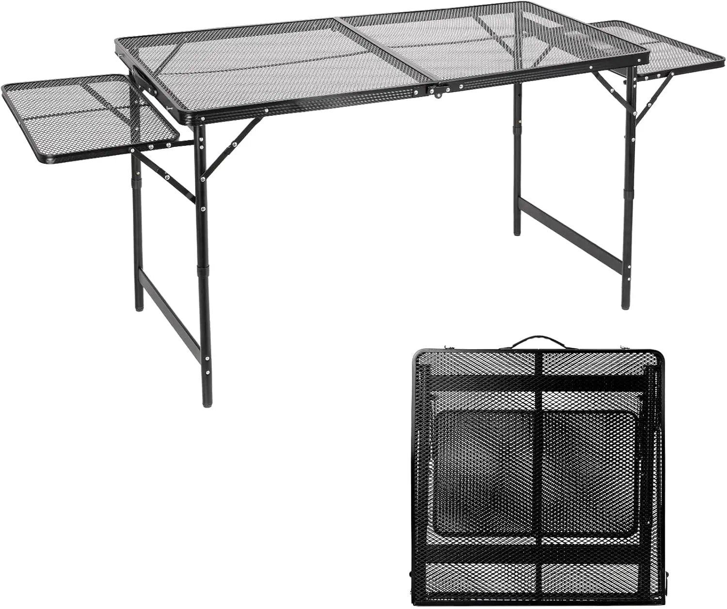 Grill Table Folding Table with 2 Wing Panels 4FT+1.77 FT with Mesh Desktop 3 Height Adjustable Portable Grill for Outdoor Indoor Beach BBQ Picnic Travel RV Black 69.3 x 23.62 inch by GreenHaven Gardens