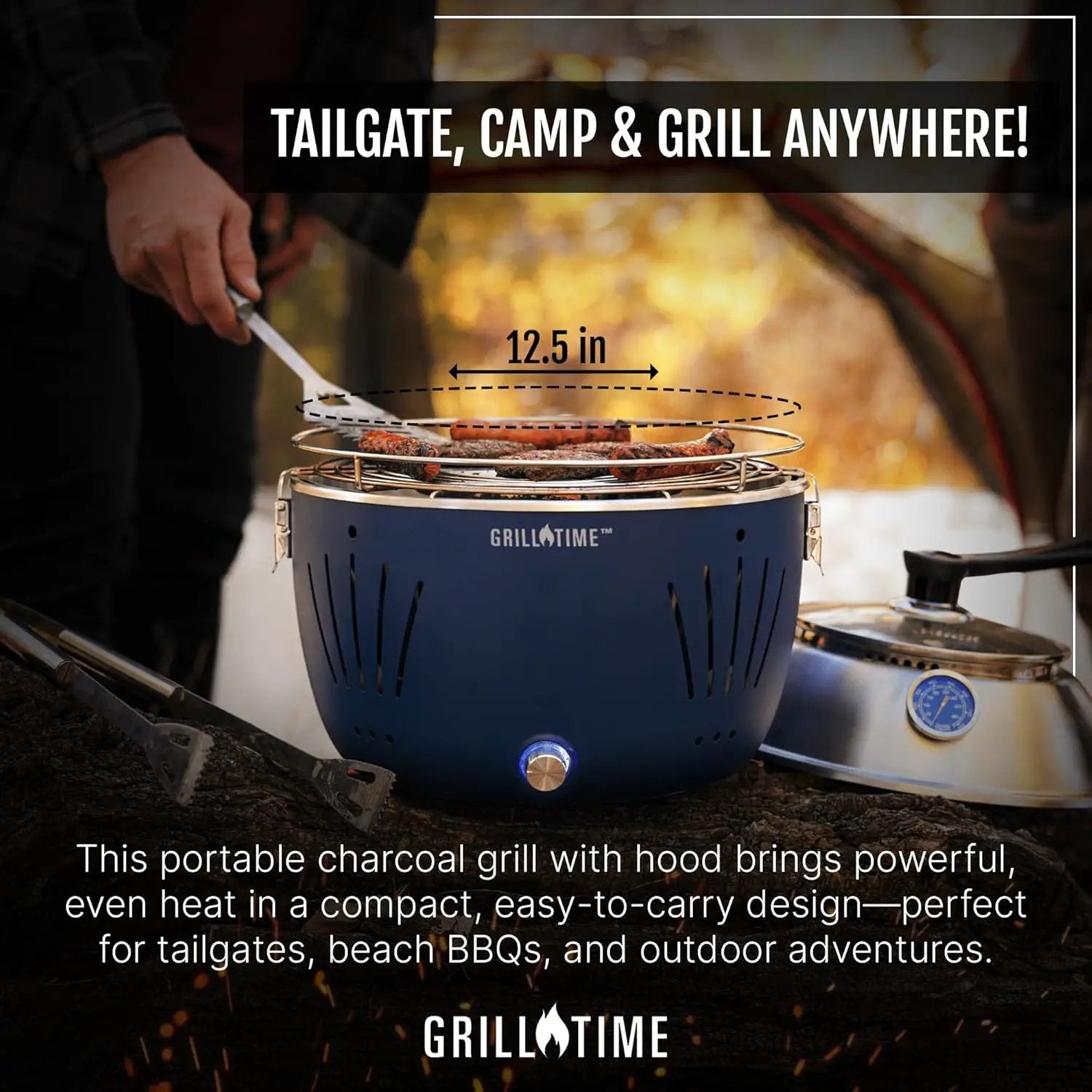GrillTime Tailgater GT Hood Combo 13 Inch - Portable Charcoal Grill with Hood, Small Tabletop Grill for Tailgate Parties, Camping, Beach BBQ Red by GreenHaven Gardens