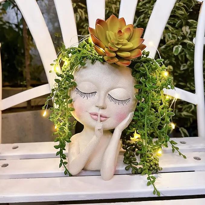 Solar Face Flower Pot,Head Planter Pot,with Led String Lights Succulent Planter Light,Warterproof Resin Cactus Planters,Cute Closed Eyes Lady Face Planter,for Indoor Outdoor Plant Garden Decor (Large) by GreenHaven Gardens