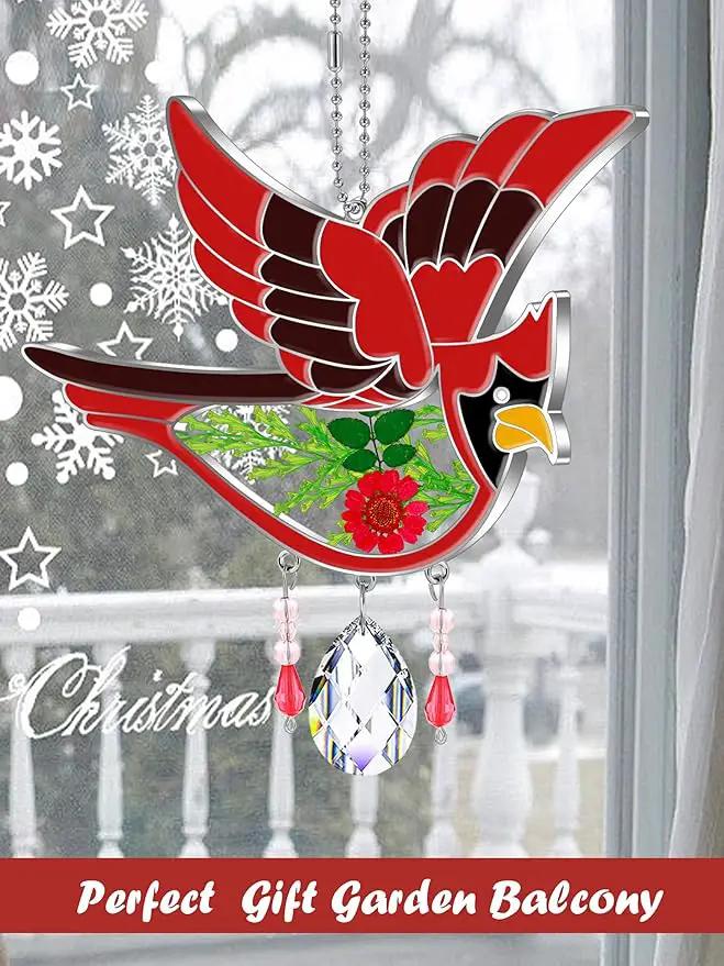 KY&BOSAM Cardinal Suncatcher Crystal Had Painted Glass Sun catchers Hangings for Windows Ornament with Pressed Real Flower and Heart Charm Birthday Gifts for Women Mom Mother's Day Christmas Mom Gifts by GreenHaven Gardens