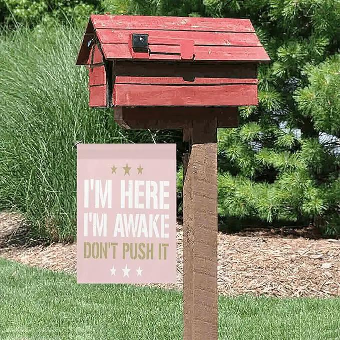 I'm Heres I'm Awakes Don't Pushs It Seasonal Garden Flag 12x18 Double Sided Small Garden Decor Flag for Outdoor Decor by GreenHaven Gardens