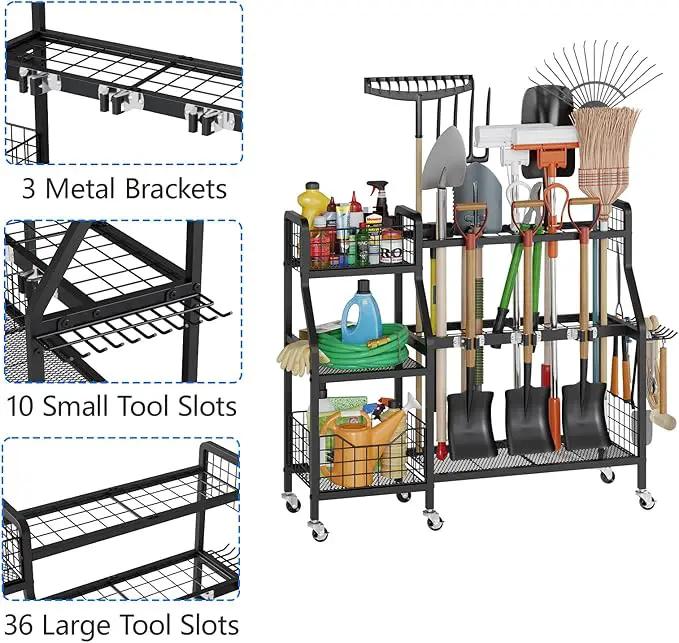 keomaisyto Garden Tool Organizer with 6 Wheels(3 lockable), Heavy Duty Yard Tool organizer with 2 Basket, Large Metal Garage Tool Organization and Storage for Garage/Shed/Yard/Broom Closet/Lawn by GreenHaven Gardens