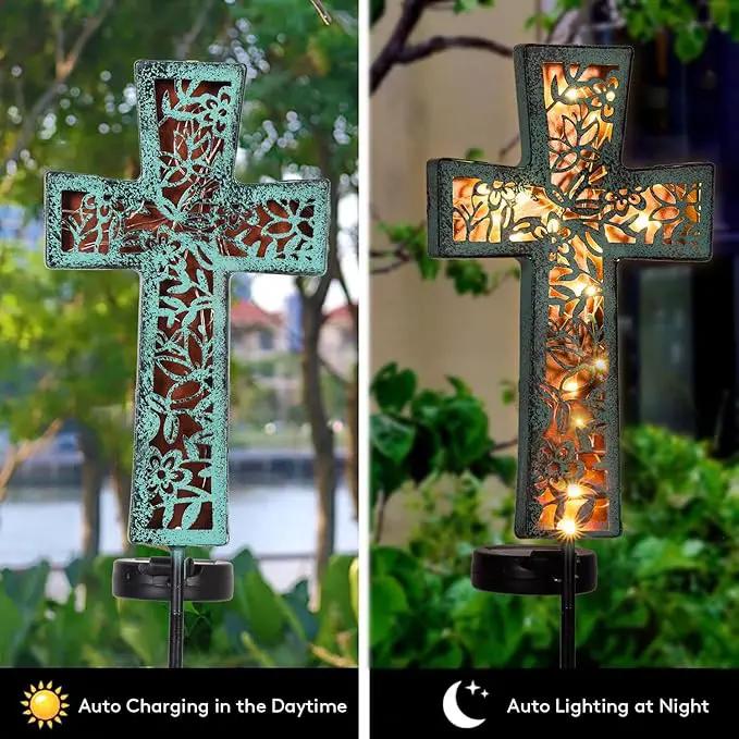 Solar Cross Garden Stake Lights 38inch Outdoor Waterproof Memorial Garden Decor 2 Lighting Modes Cemetery Decorations for Grave for Remembrance Gifts & Sympathy Gifts (Blue Cross) by GreenHaven Gardens