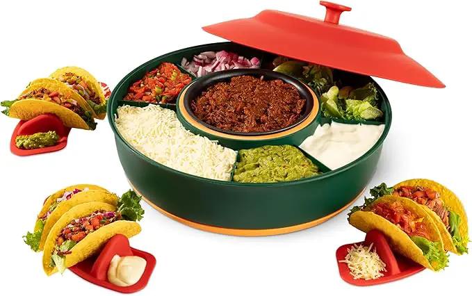 Taco Tuesday Kit - Taco Bar Serving Set for a Party - 30oz Heated Pot, 4 Taco Holders, & Detachable Lazy Susan Tray - Taco Night Fiesta – Unique Couple & Housewarming Gift Set Ideas by GreenHaven Gardens