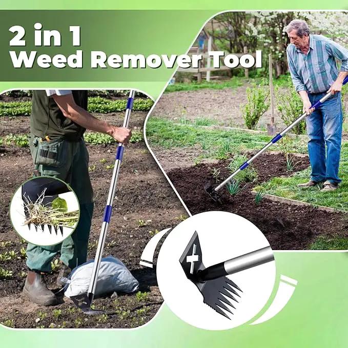 Weed Puller Tool with Long Handle, 60'' Weed Remover Weeding Tool, Heavy Duty 2 in 1 Manual Weed Rake and Garden Hoe, Gardening Weeder Tools for Yard, Lawn, Patio, Garden Blue by GreenHaven Gardens