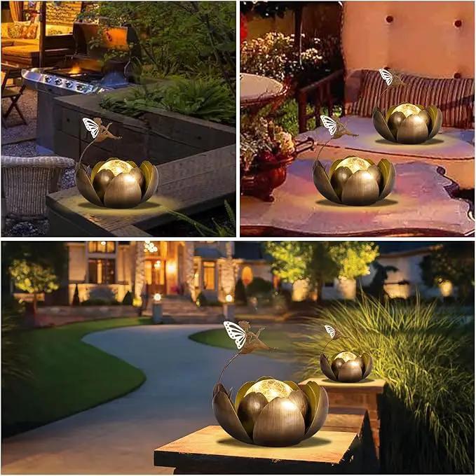 MUMTOP Solar Lights Fairy Garden Decor, Waterproof Metal Solar Lanterns Outdoor Crackle Globe Glass Lotus Flower Table Lamp for for Patio Pathway Yard Balcony Garden Decorations by GreenHaven Gardens