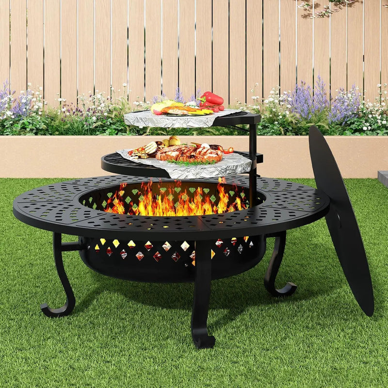 43 Inch Fire Pit with 2 Grill for Outside, Outdoor Wood Burning Firepit with Lid, Metal Round Table for Backyard Patio Garden Picnic Camping Bonfire, Black by GreenHaven Gardens