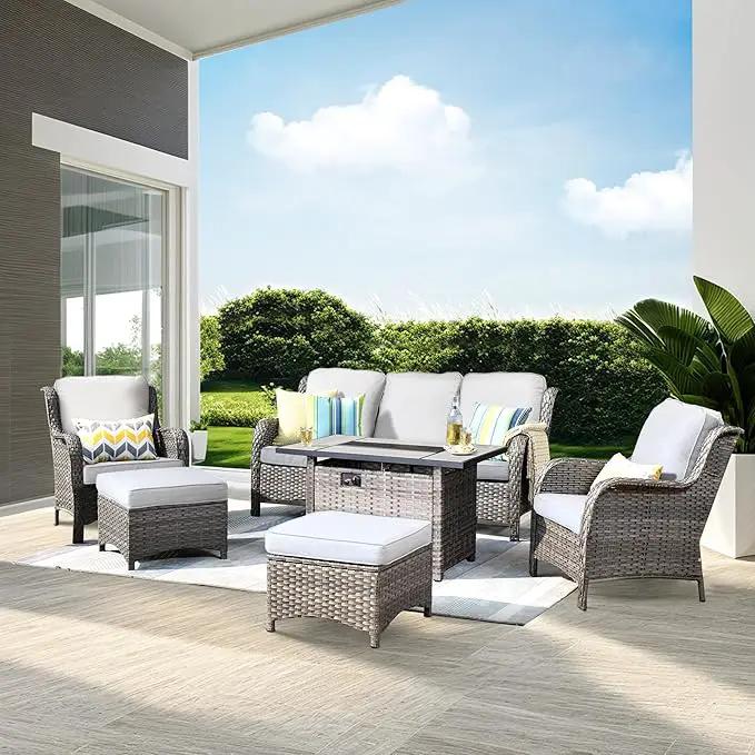 ovios 6 Pieces Patio Furniture Set with 42" Fire Pit Table, Outdoor Wicker Sofa with Ottomans, Comfy Cushions, High Back Couch Conversation Set, Grey Rattan, Grey by GreenHaven Gardens