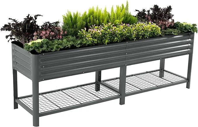 Elevated Raised Garden Bed-V Series, 2' x 8' Garden Beds with Legs & Storage Rack for Patio Porch, 1400 Lbs Weight Capacity, Outdoor Planter Boxes for Gardening Herbs Vegetables Flowers, Modern Gray by GreenHaven Gardens