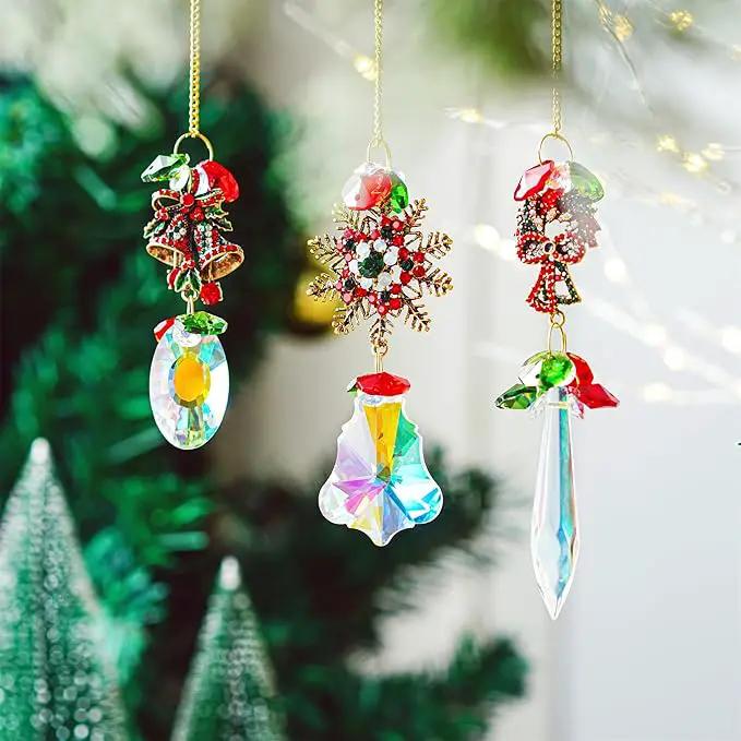3 Pack Crystal Christmas Ornaments, Glass Rainbow Rhinestones Sun Catcher Prisms with Christmas Wreath Snowflake Bells,Suncatcher Hanging Crystal Pendants for Window Christmas Home Decor by GreenHaven Gardens