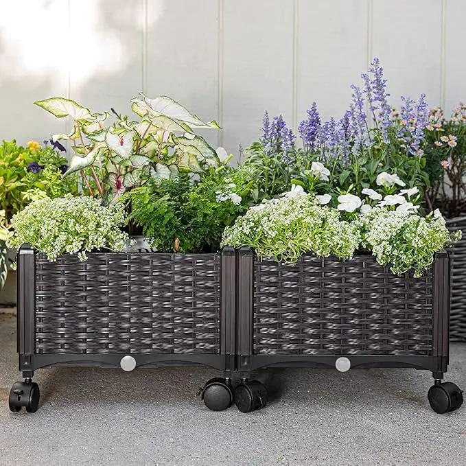 Barton 2 Pieces Rolling Garden Bed Brown Plastic w/Self-Watering Design Outdoor Elevated Planter Box Kit Wheels Mobile by GreenHaven Gardens