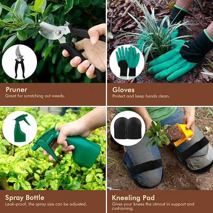YAUNGEL Garden Tools - 10Pcs Garden Tool Set Heavy Duty Stainless Steel Gardening Supplies Hand Tools with Wooden Handle, Storage Tote Bag, Ideal Gardening Gifts for Women and Men, Black by GreenHaven Gardens