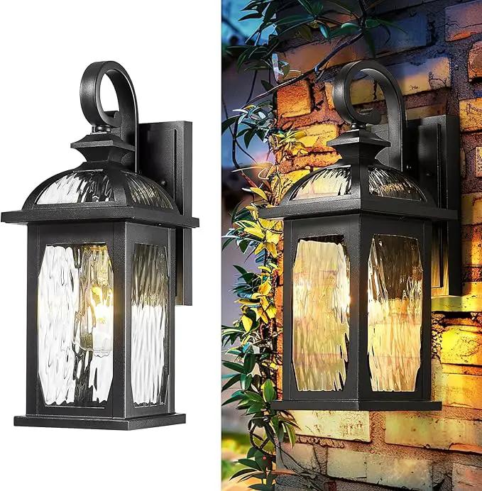 zeyu 15 Inch Outdoor Wall Lights Exterior, Outdoor Patio Light Fixture for Garden Porch, Die-Cast Aluminum with Water Ripple Glass, Black Finish, ZD100B BK-WP by GreenHaven Gardens
