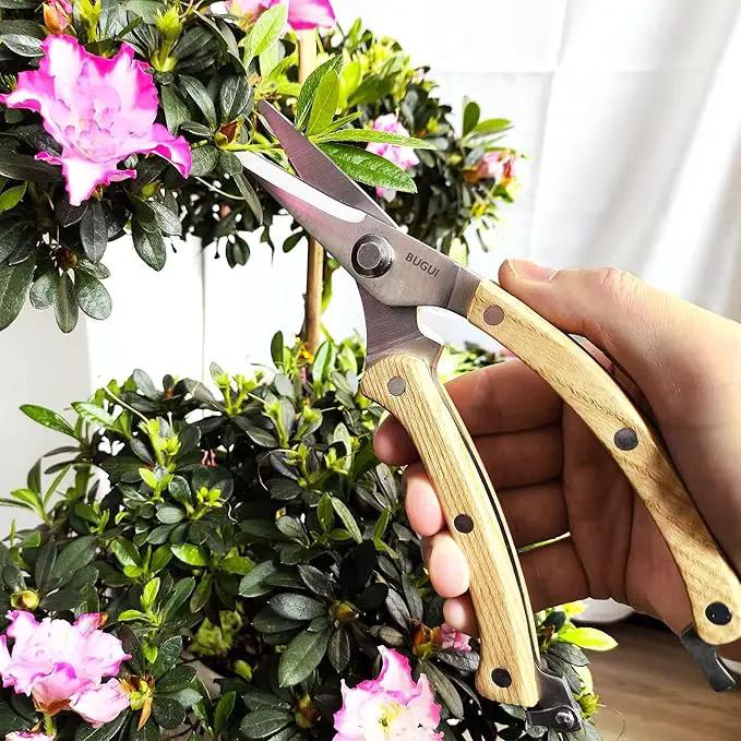BUGUI Wood Handle Garden Shears, Long Straight Tip, All Steel Construction, Sharp, Well Designed Garden Scissors, 8" by GreenHaven Gardens
